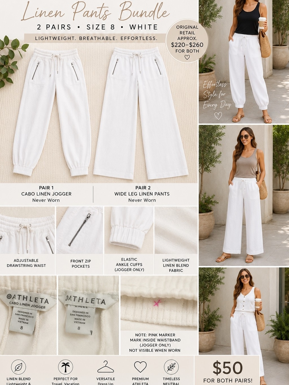 Athleta Women's White Linen Pants Bundle — Size 8 Jogger & Wide Leg - Never Worn - Picture 1 of 1